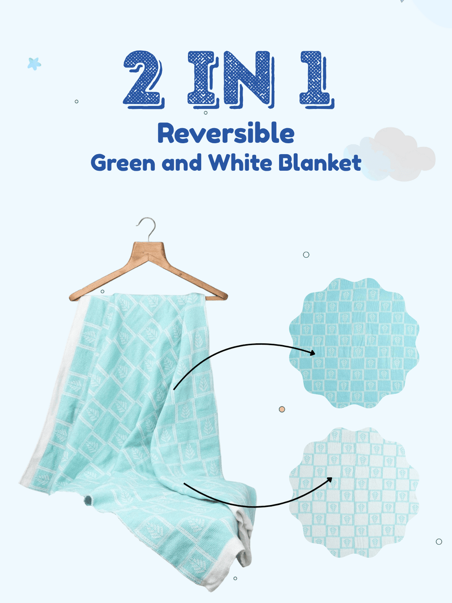 Little Angels Little Angels Reversible Blanket Woollen Perfect Nursery Essential with Leaf Design Baby Green & White Blanket Blanket & Swaddle 2 in 1 Blue & White Reversible Leaf Design Blanket 0-2Y / Green & White / Baby Wool