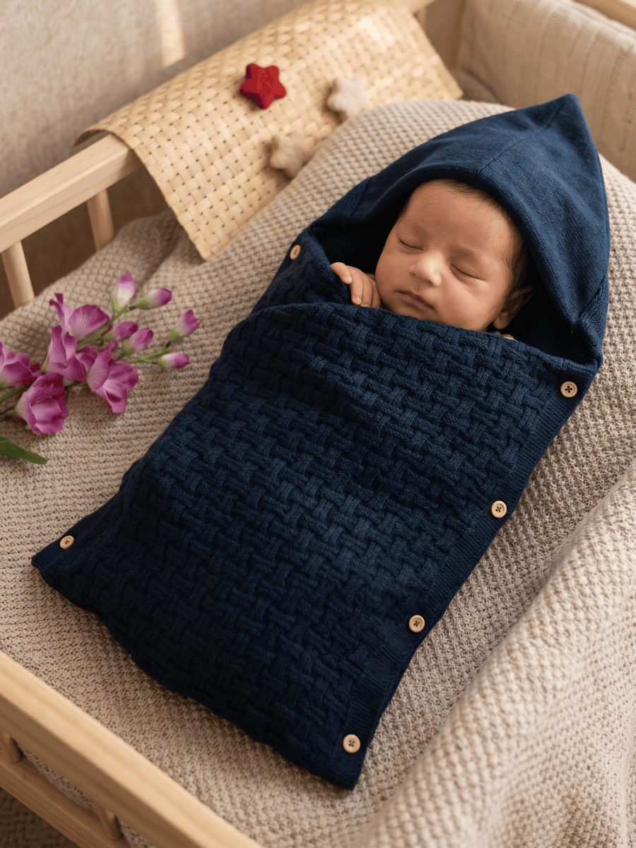 Little Angels Little Angels 1 Pc Swaddle Basketweave Woollen Navy Swaddle For Baby Boys Blanket & Swaddle Peekaboo Snuggles, Buttoned Love Swaddle 0-12M / Navy / Soft Wool