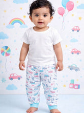 Little Angels Baby Cotton Car Print Pants with Blue Cuffs – Soft Baby Pajama Bottom Baby Cotton Car Print Pajama Pants with Blue Cuffs 0-3M / Blue / Cotton