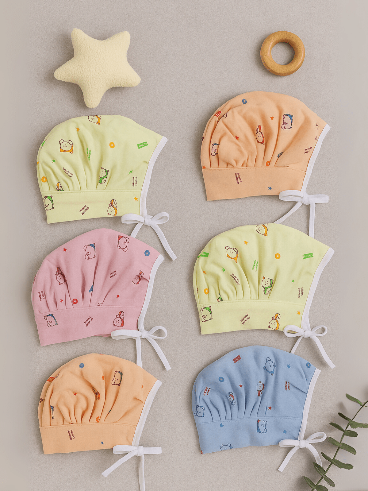Little Angels Little Angels Cotton Printed Tie-Knot Pack of 6 Cap For Baby Boys and Baby Girls Cap & Nappy Mix & Match Cotton Baby Caps 0-3M / Assorted / Cotton