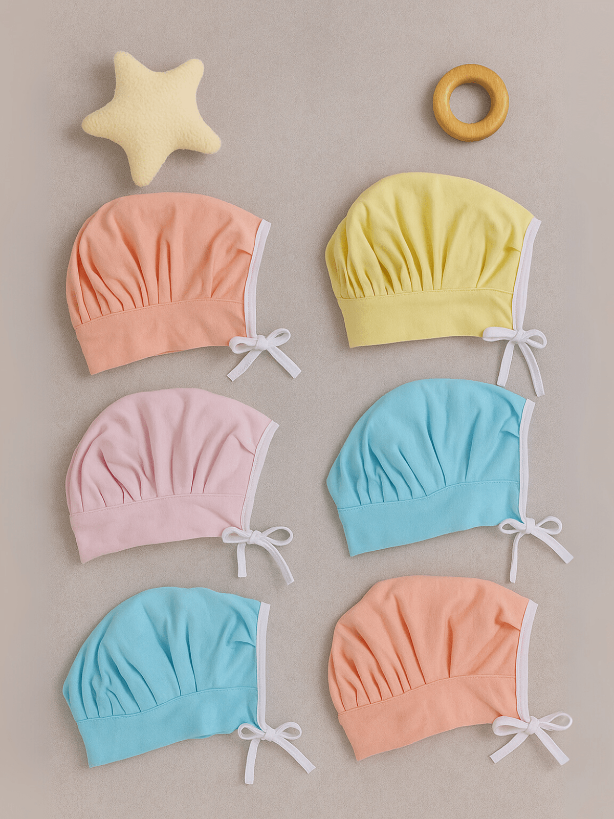 Little Angels Little Angels Cotton Solid Tie-Knot Pack of 6 Cap For Baby Boys and Baby Girls Cap & Nappy Vibrant Hues Cap Set