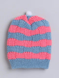 Little Angels Little Angels Baby Wool Striped Pull-On Beanie Cap with Pom Pom For Baby Boys and Girls Cap, Socks & Mittens Handcrafted Striped Winter Beanie 0-1Y / Blue & Neon Pink / Baby Wool