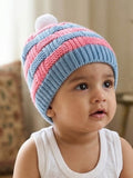 Little Angels Little Angels Baby Wool Striped Pull-On Beanie Cap with Pom Pom For Baby Boys and Girls Cap, Socks & Mittens Handcrafted Striped Winter Beanie 0-1Y / Blue & Neon Pink / Baby Wool