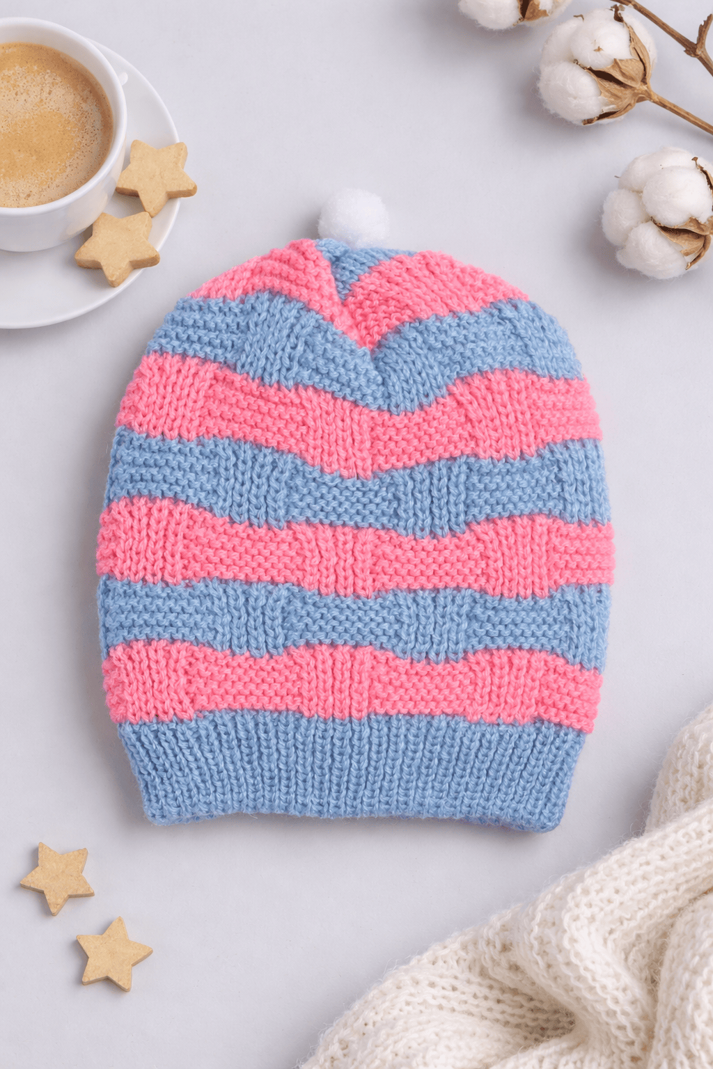 Little Angels Little Angels Baby Wool Striped Pull-On Beanie Cap with Pom Pom For Baby Boys and Girls Cap, Socks & Mittens Handcrafted Striped Winter Beanie 0-1Y / Blue & Neon Pink / Baby Wool