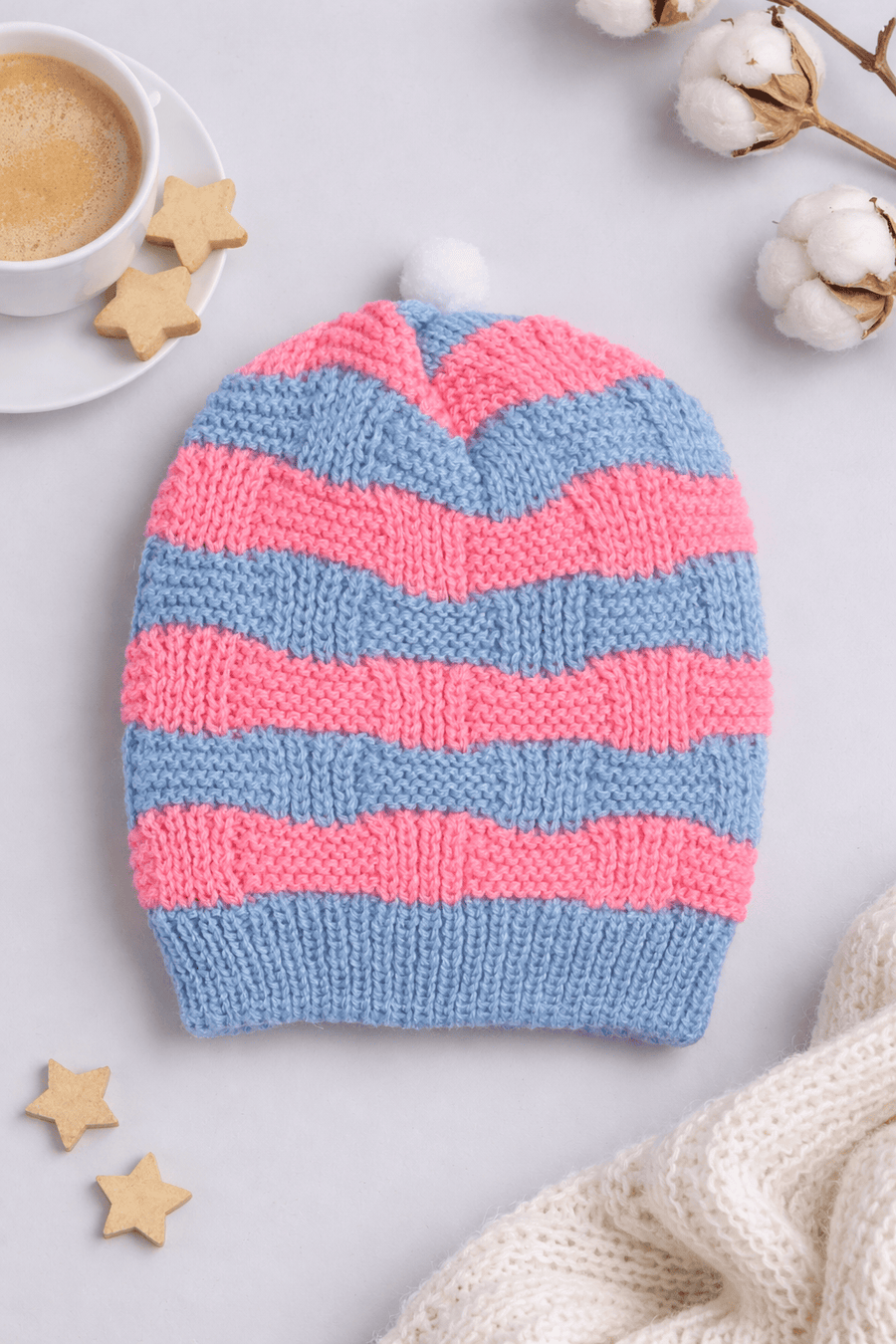 Blue & Neon Pink striped woollen beanie cap for newborn 0-12 months by Little Angels