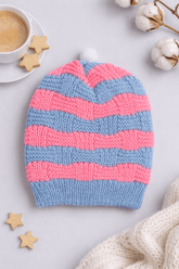 Little Angels Little Angels Baby Wool Striped Pull-On Beanie Cap with Pom Pom For Baby Boys and Girls Cap, Socks & Mittens Handcrafted Striped Winter Beanie 0-1Y / Blue & Neon Pink / Baby Wool