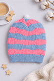 Little Angels Little Angels Baby Wool Striped Pull-On Beanie Cap with Pom Pom For Baby Boys and Girls Cap, Socks & Mittens Handcrafted Striped Winter Beanie 0-1Y / Blue & Neon Pink / Baby Wool