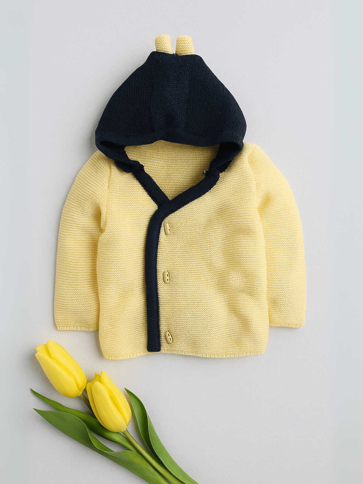 Little Angels Little Angels Baby Wool Hooded Neck Full Sleeves Color-Block Cardigan Sweater For Baby Boys and Girls Cardigan Buttoned Up with Bear Hugs Cardigan 6-12M / Yellow & Navy / Baby Wool