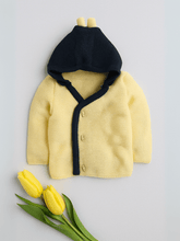 Little Angels Little Angels Baby Wool Hooded Neck Full Sleeves Color-Block Cardigan Sweater For Baby Boys and Girls Cardigan Buttoned Up with Bear Hugs Cardigan 6-12M / Yellow & Navy / Baby Wool