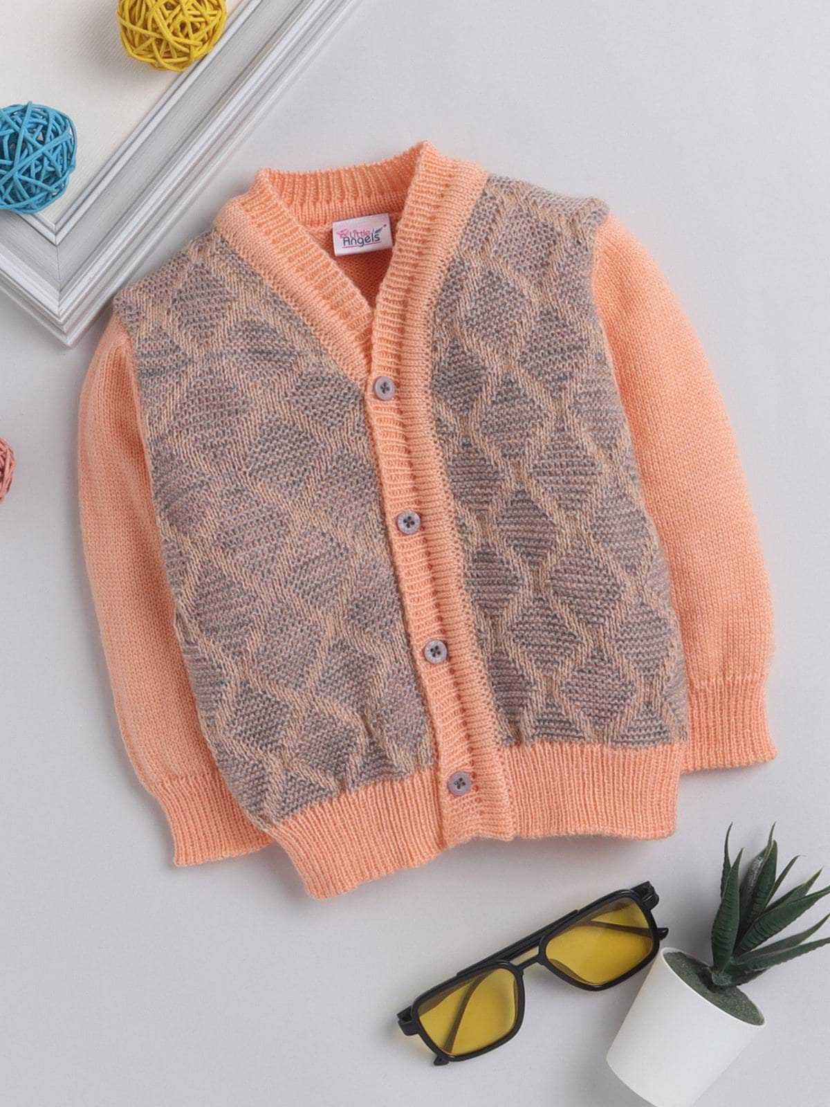 Little Angels Little Angels Baby Wool V-Neck Full Sleeves Textured Triangle Cardigan Sweater For Baby Boys and Girls Cardigan Dapper & Toasty Knit Cardigan 0-3M / Peach & Grey / Baby Wool