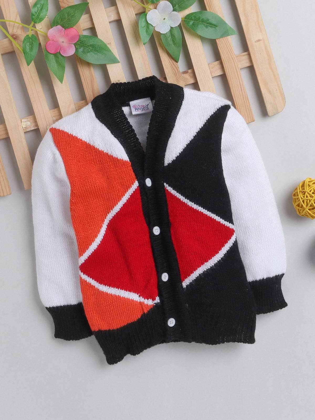 Little Angels Little Angels Baby Wool V-Neck Full Sleeves Color-Block Cardigan Sweater For Baby Boys and Girls Cardigan Kaleido Knit: Bold & Bright Cardigan 6-12M / White / Baby Wool