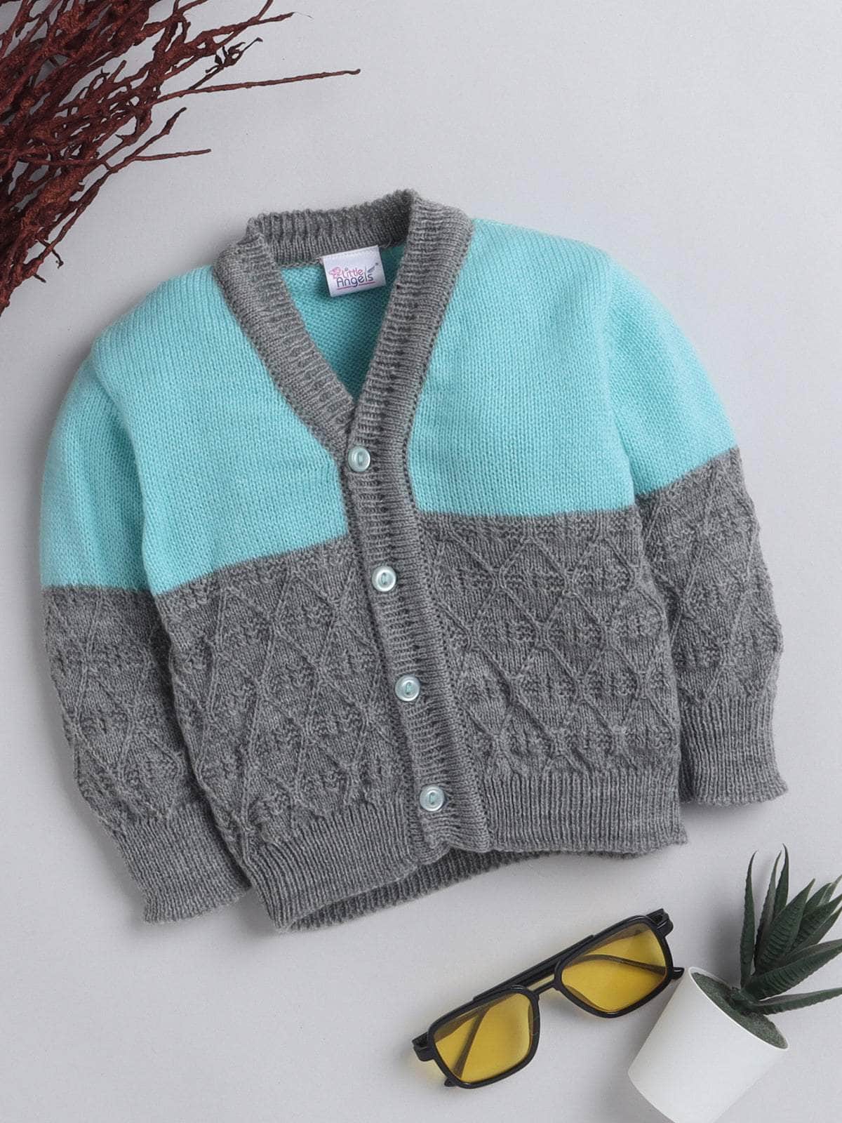 Little Angels Little Angels Baby Wool V-Neck Full Sleeves Color-Block with Diamond Design Cardigan Sweater For Baby Boys Cardigan Snug & Buttoned Up Cardigan 0-3M / Grey & Green / Baby Wool