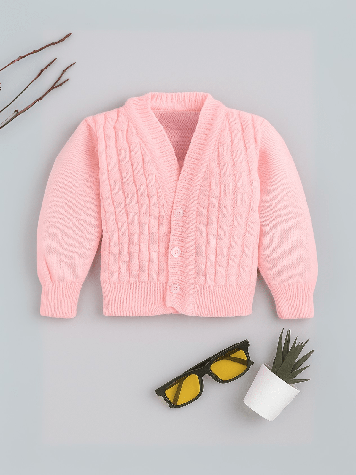 Little Angels Little Angels Baby Wool V-Neck Full Sleeves Basketweave Cardigan Sweater For Baby Girls Cardigan Waffle Warmth Wonder Basketweave Cardigan 0-3M / Pink / Baby Wool