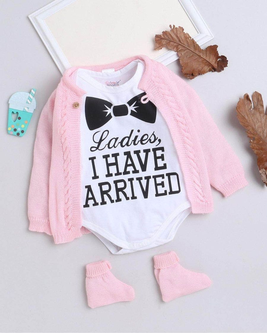 Little Angels Charming Arrival – Cardigan & Onesie Charming Arrival – Cardigan & Onesie 0-3 M / Pink & White