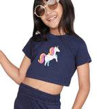 Little Angels Little Angels Crew Neck Half Sleeves Navy Cotton Printed Crop Top with Joggers For Baby Girls Co-ords Dream & Shine Unicorn Print Set