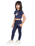 Little Angels Little Angels Crew Neck Half Sleeves Navy Cotton Printed Crop Top with Joggers For Baby Girls Co-ords Dream & Shine Unicorn Print Set