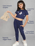 Little Angels Little Angels Crew Neck Half Sleeves Navy Cotton Printed Crop Top with Joggers For Baby Girls Co-ords Girls Unicorn Printed Crop Top & Jogger Set