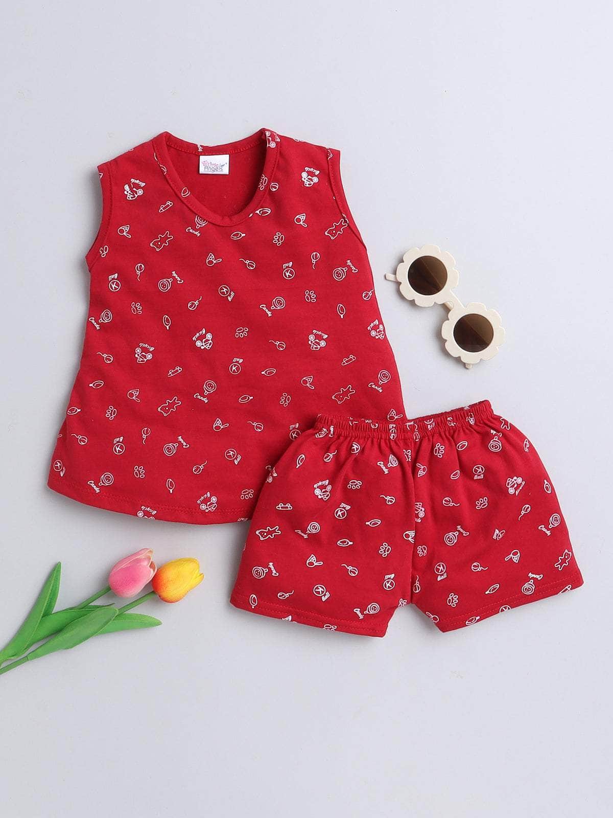 Little Angels Little Angels Scoop Neck Cotton Red Sleeveless Printed Top with Bloomer Set For Baby Girls Co-ords Peekaboo Play Top & Bloomer Set
