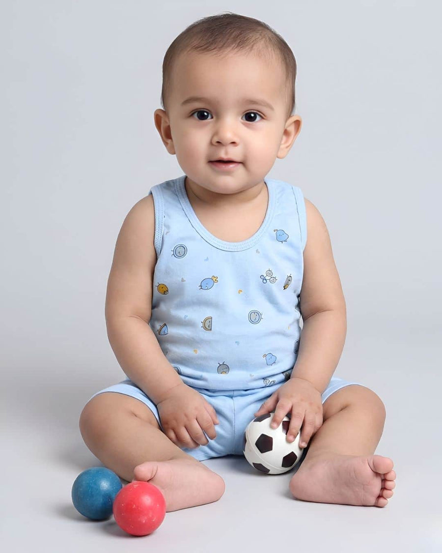 Little Angels Little Angels Scoop Neck Cotton Blue Sleeveless Printed Vest & Solid Shorts For Baby Boys Combos Move & Groove Top and Shorts 3-6M / Blue / Cotton