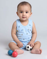 Little Angels Little Angels Scoop Neck Cotton Blue Sleeveless Printed Vest & Solid Shorts For Baby Boys Combos Move & Groove Top and Shorts 3-6M / Blue / Cotton