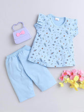 Little Angels Little Angels Round Neck Frill Sleeves Blue Cotton Printed Frock with Pants For Baby Girls Combos Twirl & Tumble Frock with Capri