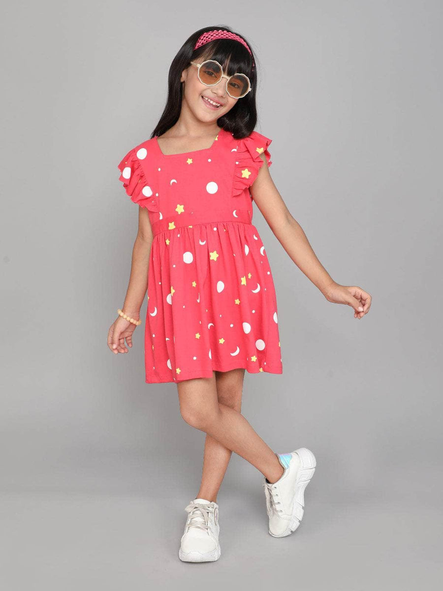 Little Angels Little Angels 1 Pc Dress & Frocks Cotton Square Neck Flared Sleeves Printed A-line Dress For Baby Girls Dress & Frocks Square Neck Flared Sleeves Printed A-line Dress