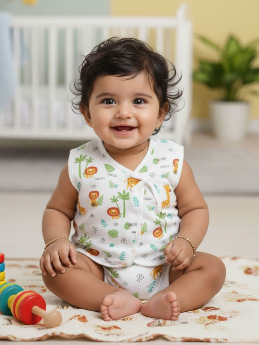 Little Angels Cotton Printed V-Neck Baby Vest & Nappy Set- Jungle Safari Print Jhabla/Vest Cotton Printed Baby Vest & Nappy Set- Jungle Safari Print 3-6M / White / Muslin