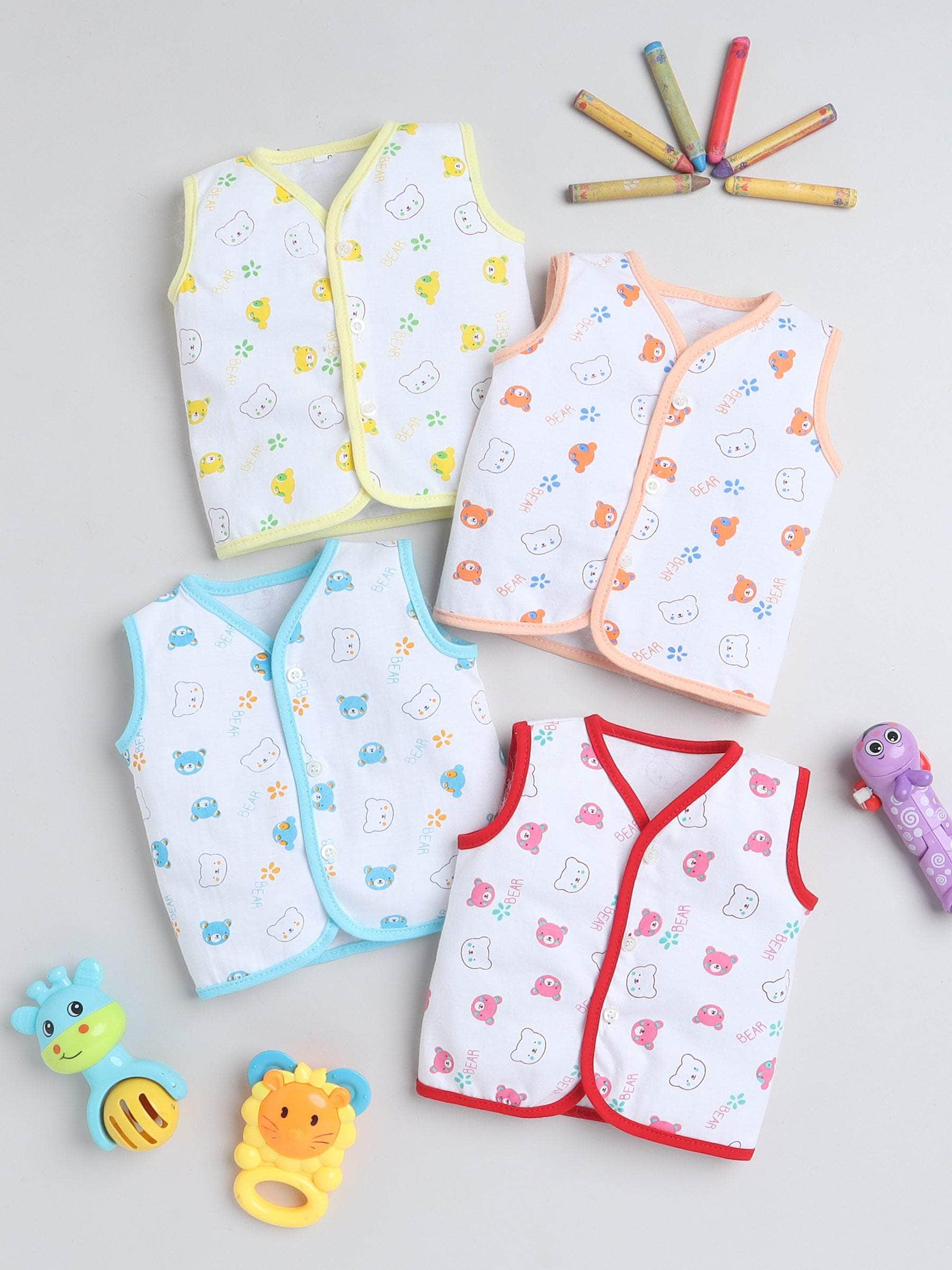 Little Angels Little Angels Pack of 4 Jhabla/Vest Cotton V-Neck Sleeveless Printed Jhablas For Baby Boys and Baby Girls Jhabla/Vest Cuddle Critters Vest Set