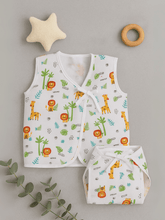 Little Angels Little Angels 2 Pcs Jhabla/Vest Muslin V-Neck Sleeveless Printed Tie-Knot Jhabla & Nappy Set For Baby Boys and Baby Girls Jhabla/Vest Jungle Joy Baby Vest & Nappy Set 3-6M / White / Muslin