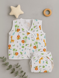 Little Angels Little Angels 2 Pcs Jhabla/Vest Muslin V-Neck Sleeveless Printed Tie-Knot Jhabla & Nappy Set For Baby Boys and Baby Girls Jhabla/Vest Jungle Joy Baby Vest & Nappy Set 3-6M / White / Muslin