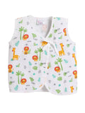 Little Angels Little Angels 2 Pcs Jhabla/Vest Muslin V-Neck Sleeveless Printed Tie-Knot Jhabla & Nappy Set For Baby Boys and Baby Girls Jhabla/Vest Jungle Joy Baby Vest & Nappy Set 3-6M / White / Muslin