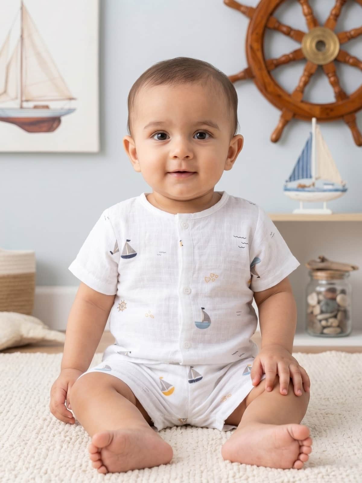 Little Angels Newborn Muslin Jhabla & Shorts Set | Soft Cotton Sailboat Baby Wear Jhabla/Vest Muslin Cotton Baby Jhabla & Shorts Set-Boat Print 0-3 M / White / Muslin