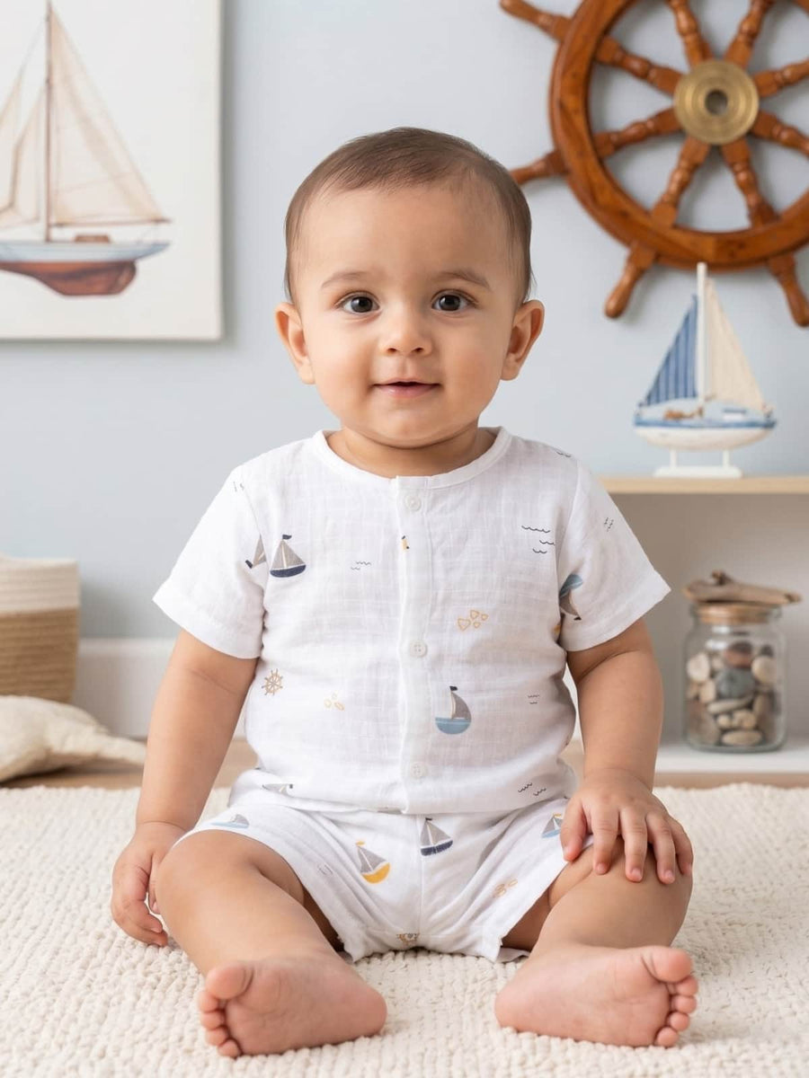 Little Angels Newborn Muslin Jhabla & Shorts Set | Soft Cotton Sailboat Baby Wear Jhabla/Vest Muslin Cotton Baby Jhabla & Shorts Set-Boat Print 0-3 M / White / Muslin