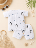 Little Angels Newborn Muslin Jhabla & Shorts Set | Penguin Print Cotton Baby Wear Jhabla/Vest Muslin Cotton Baby Jhabla & Shorts Set-Penguin Print