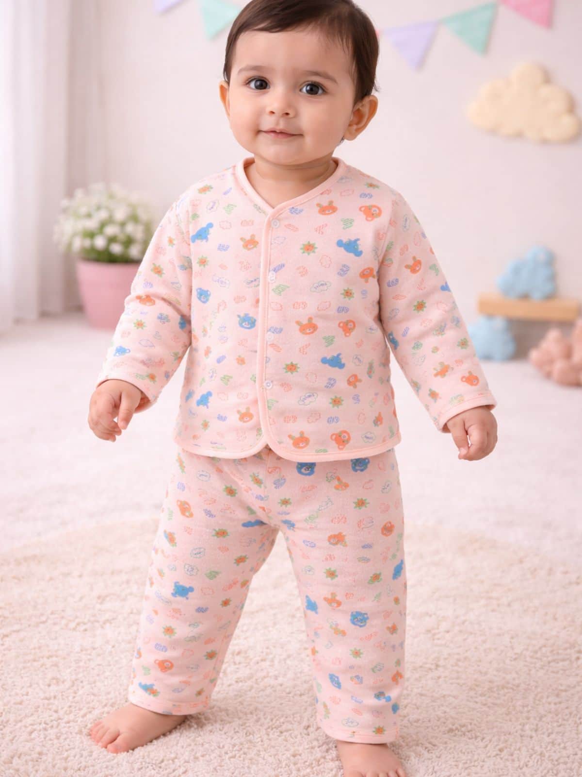 Little Angels Little Angels Cotton V-Neck Half Sleeves Printed Green Jhabla Jhabla/Vest V-Neck Full Sleeves Printed Peach Nightsuit