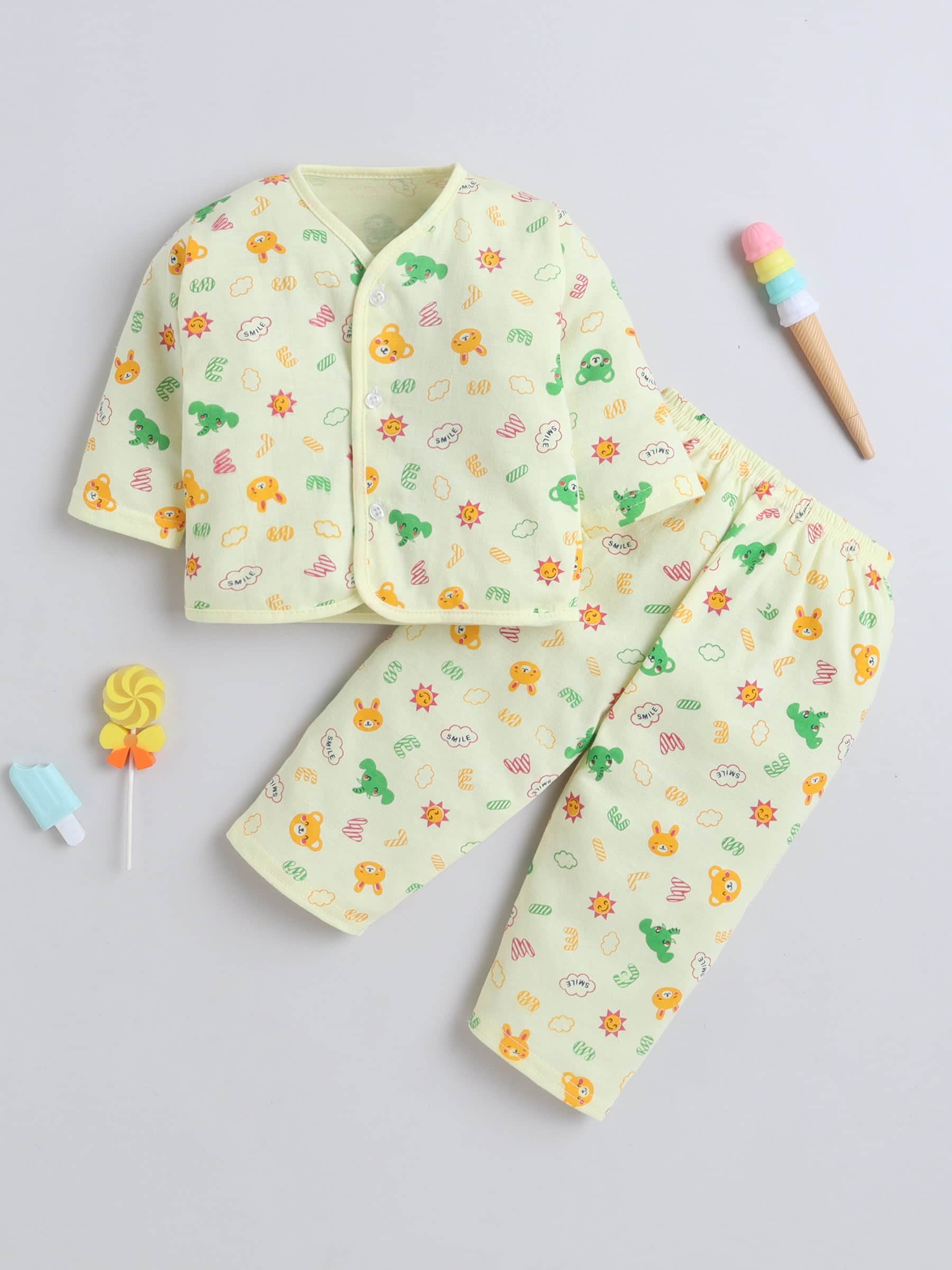 Little Angels Baby Cotton Nightwear Set – Soft Printed Top & Pajama | Little Angels Night Suits V-Neck Full Sleeves Printed Yellow Nightsuit 0-3 M / Yellow / Cotton