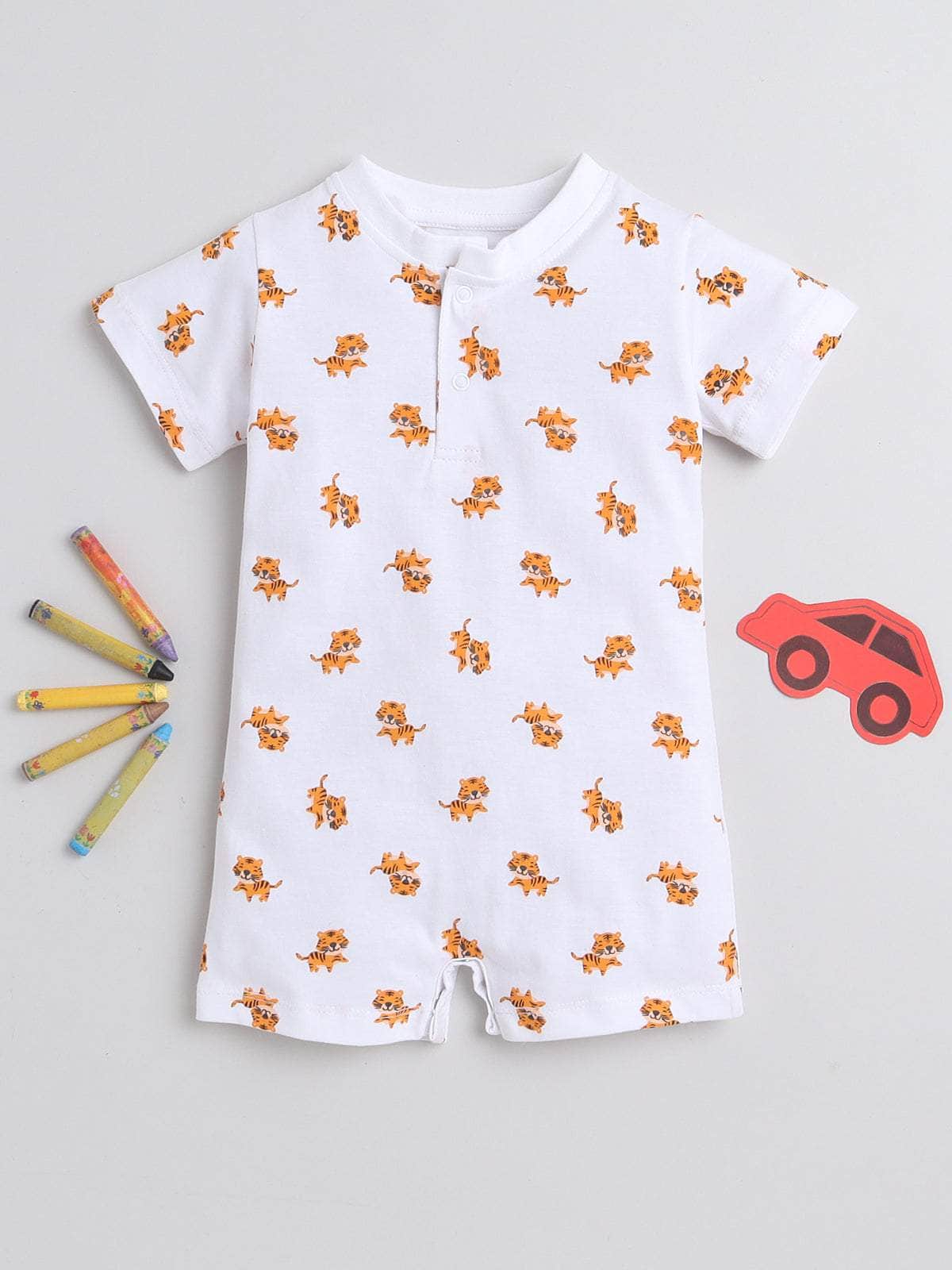 Little Angels Little Angels 1 Pc Onesies/Romper Cotton Round Neck Half Sleeves Tiger Print Bodysuit For Baby Boys Onesies All-Day Play Cotton Romper