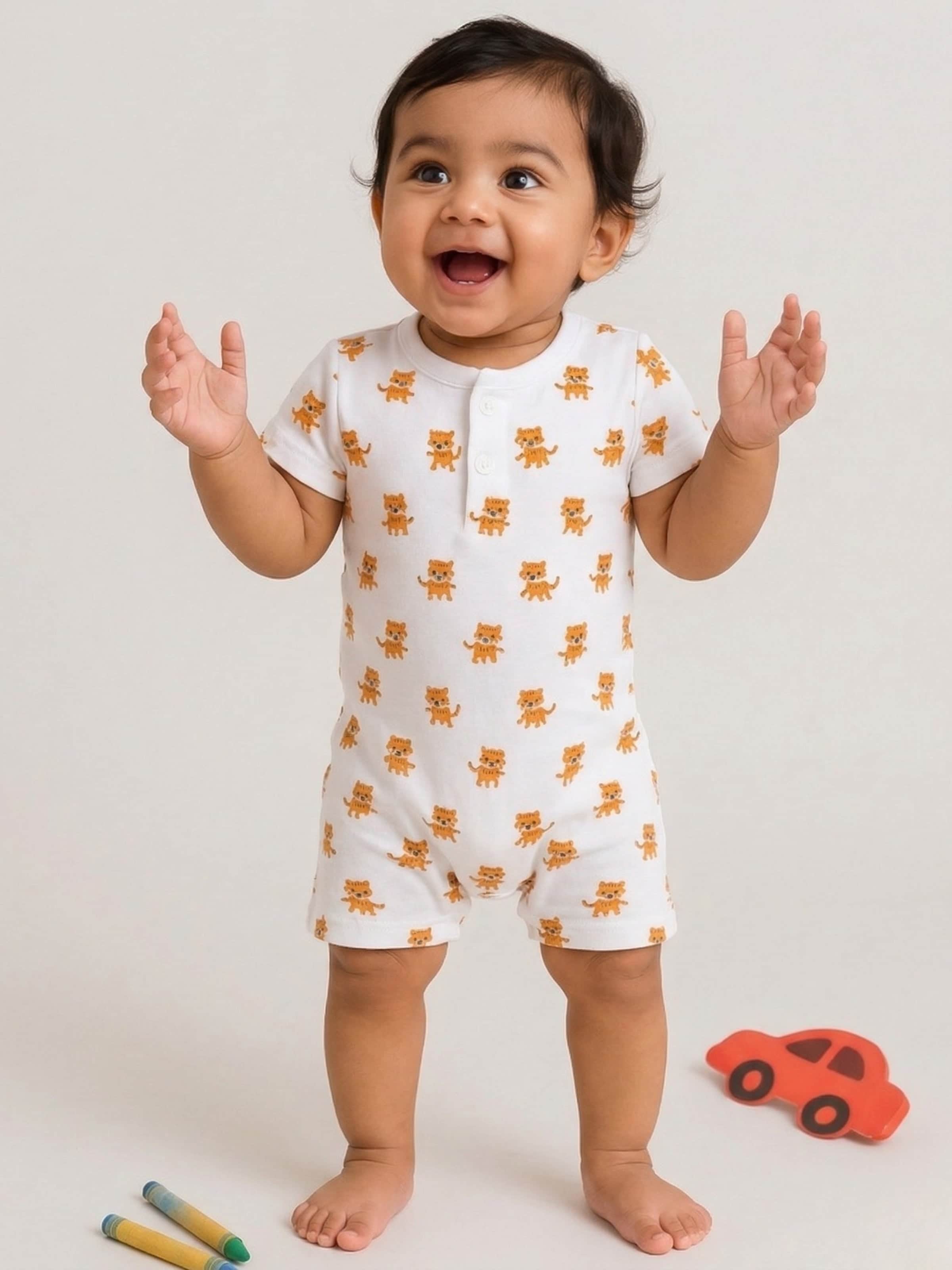 Little Angels White Cotton Tiger Print Baby Romper Onesies Soft White Cotton Baby Bodysuit with Tiger Print