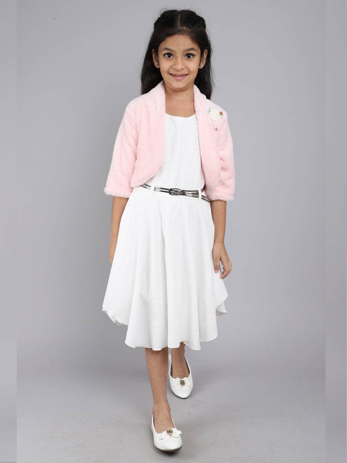 Little Angels Little Angels Girl's Dress 3/4th Sleeves Textured Cotton Knee-Length Party Wear High-Low Dress with Belt and Jacket Party Wear 3/4th Sleeves Textured Cotton High-Low Dress with Belt and Jacket