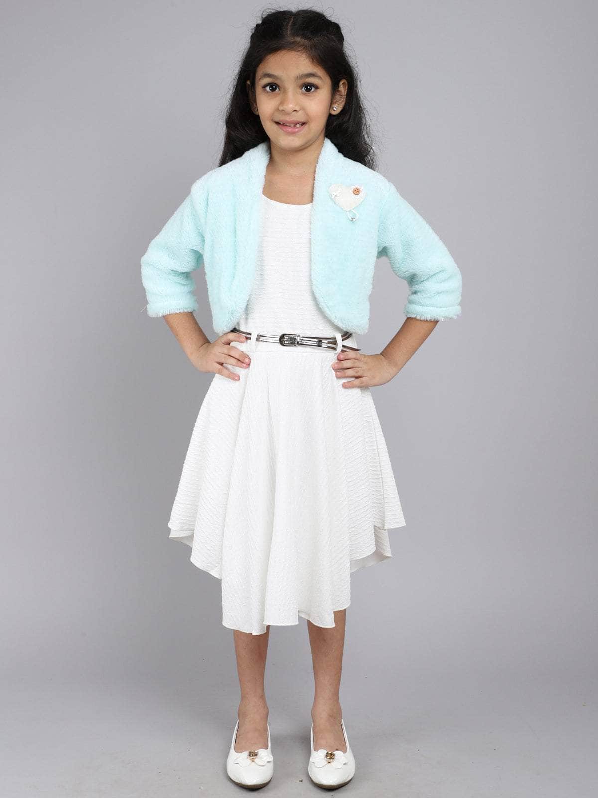 Little Angels Little Angels Girl's Dress 3/4th Sleeves Textured Cotton Knee-Length Party Wear High-Low Dress with Belt and Jacket for 5 to 6 Years Party Wear 3/4th Sleeves Textured Cotton High-Low Dress with Belt and Jacket
