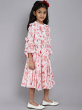 Little Angels Little Angels Girl's Dress Bell Sleeves Floral Print Cotton Calf Length Party Wear Pleated Dress with Hanging Pearl Brooch Party Wear Bell Sleeves Floral Print Cotton Pleated Dress with Hanging Pearl Brooch