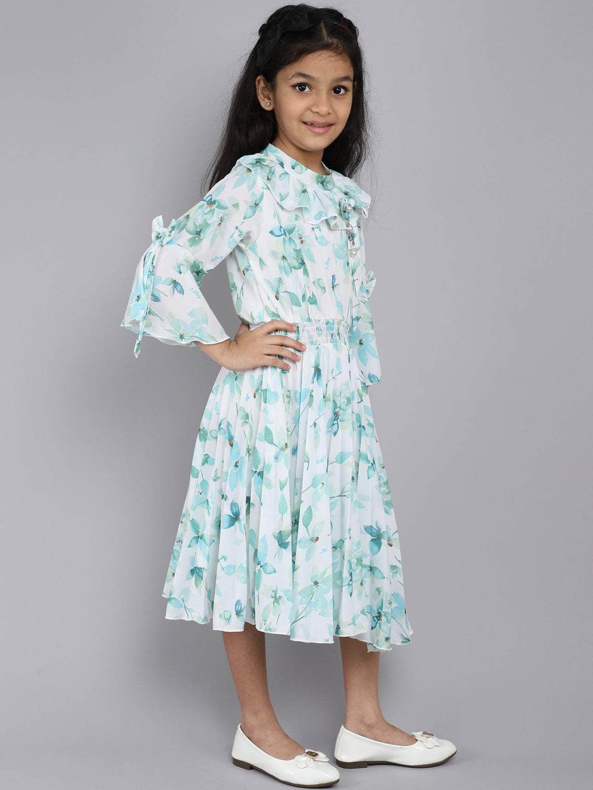 Little Angels Little Angels Girl's Dress Bell Sleeves Floral Print Cotton Calf Length Party Wear Pleated Dress with Hanging Pearl Brooch Party Wear Bell Sleeves Floral Print Cotton Pleated Dress with Hanging Pearl Brooch