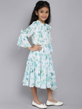 Little Angels Little Angels Girl's Dress Bell Sleeves Floral Print Cotton Calf Length Party Wear Pleated Dress with Hanging Pearl Brooch Party Wear Bell Sleeves Floral Print Cotton Pleated Dress with Hanging Pearl Brooch