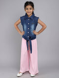 Little Angels Little Angels Girls 2 Piece Set - Collared Neck Ice-Wash Denim Sleeveless Top & Solid Palazzos For 7 to 8 Years (Navy) Party Wear Collared Neck Ice-Wash Denim Sleeveless Top & Solid Palazzos