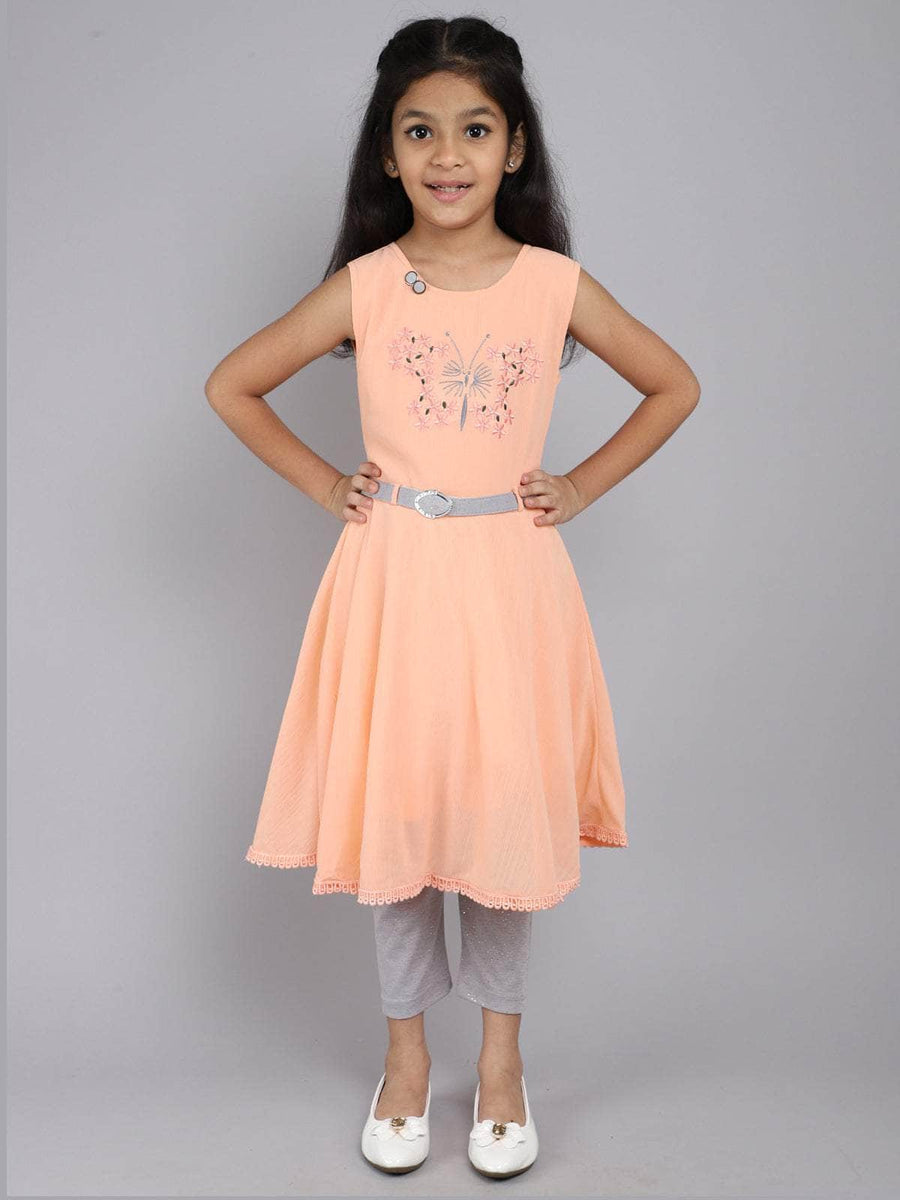 Little Angels Little Angels Girl's Sleeveless Dress Embroidered Cotton Knee-Length Party Wear Fit & Flared Dress with Belt and Leggings Party Wear Embroidered Cotton Fit & Flared Dress with Belt and Leggings