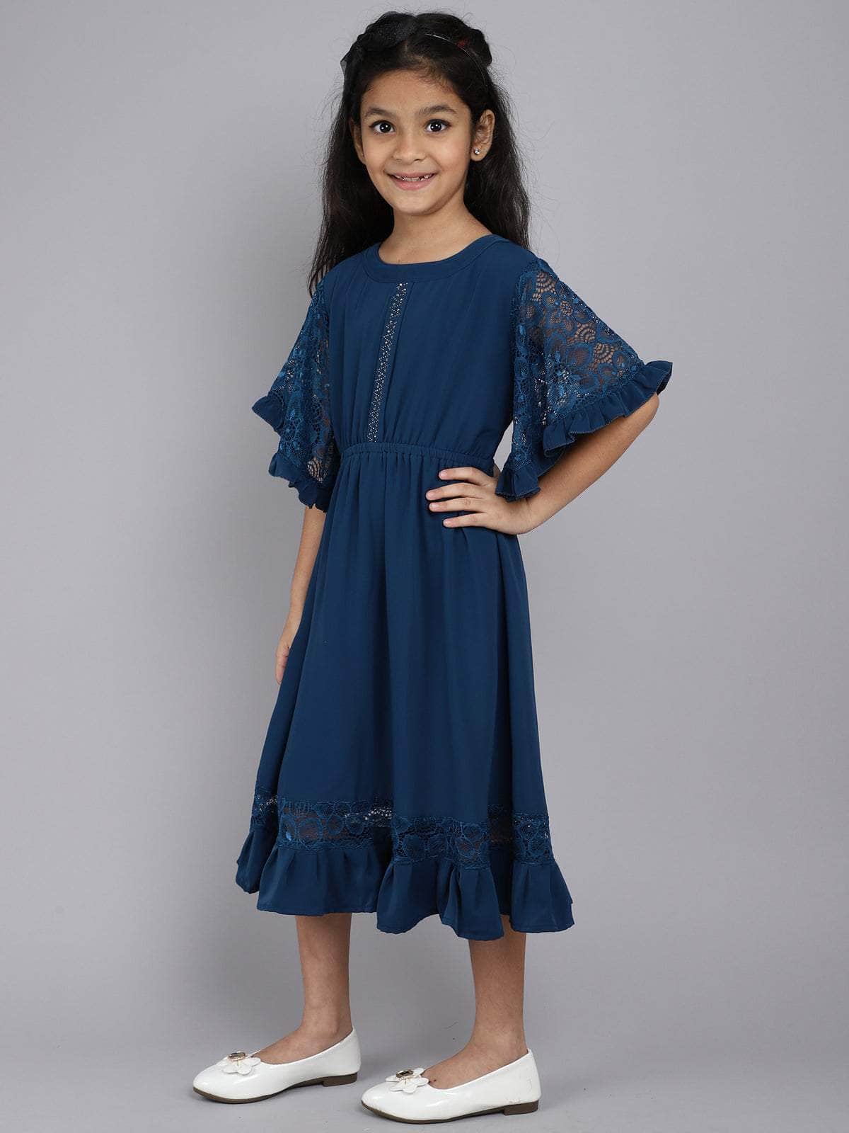 Little Angels Little Angels Girl's Dress Lace Crape Knee-Length Party Wear Fit & Flared Dress Party Wear Flared Sleeves Lace Design Fit & Flared Dress