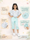 Little Angels Girls Floral Top & Stretchable Capri Set | Comfortable Summer Wear Party Wear Girls Floral Printed Top with Stretchable Capri Pants Set