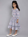 Little Angels Little Angels Girl's Dress Puffed Sleeves Floral Print Cotton Knee-Length Fit & Flare Dress with Belt Party Wear Puffed Sleeves Floral Print Cotton Fit & Flare Dress with Belt