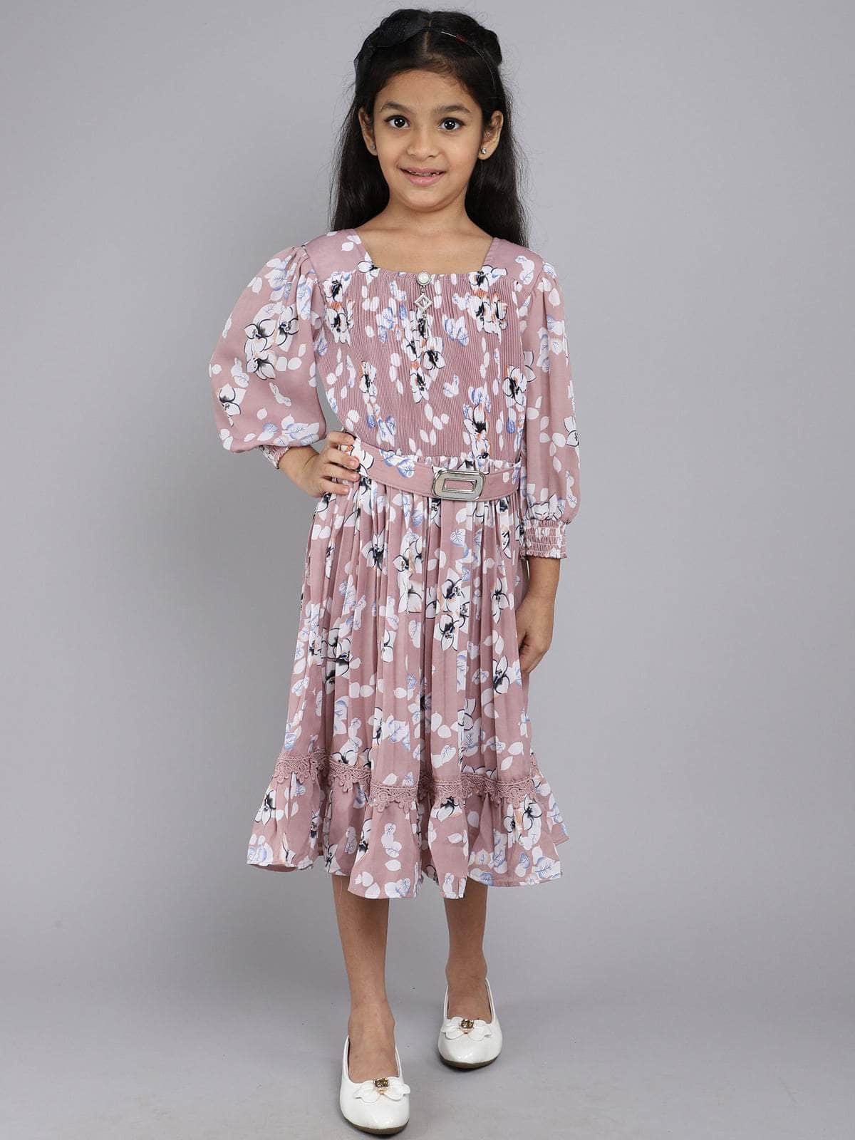Little Angels Little Angels Girl's Dress Puffed Sleeves Floral Print Cotton Knee-Length Fit & Flare Dress with Belt Party Wear Puffed Sleeves Floral Print Cotton Fit & Flare Dress with Belt