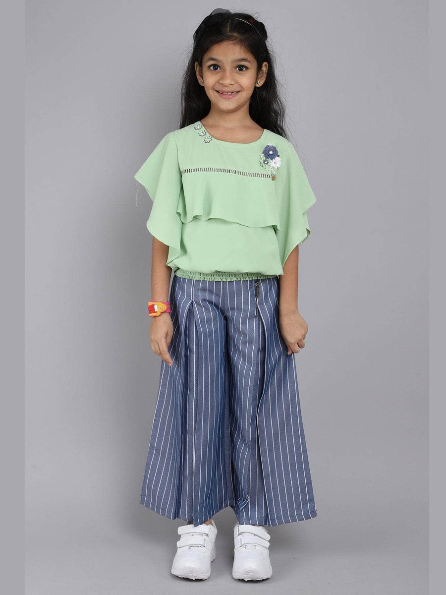 Little Angels Little Angels Girls Cotton 2 Piece Set - Round Neck, Butterfly Sleeves, Applique Flowers Design Top and Striped Pants For 7 to 8 Years (Green) Party Wear Round Neck Butterfly Sleeves Applique Flowers Design Top and Striped Pants